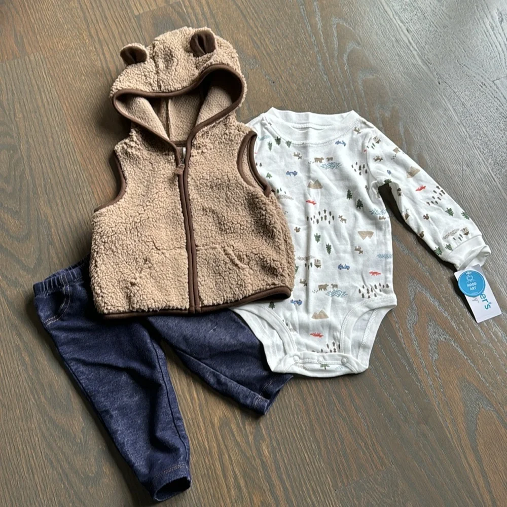 Carter's Baby 3-piece Sherpa Little Vest Set, Brown, 9M